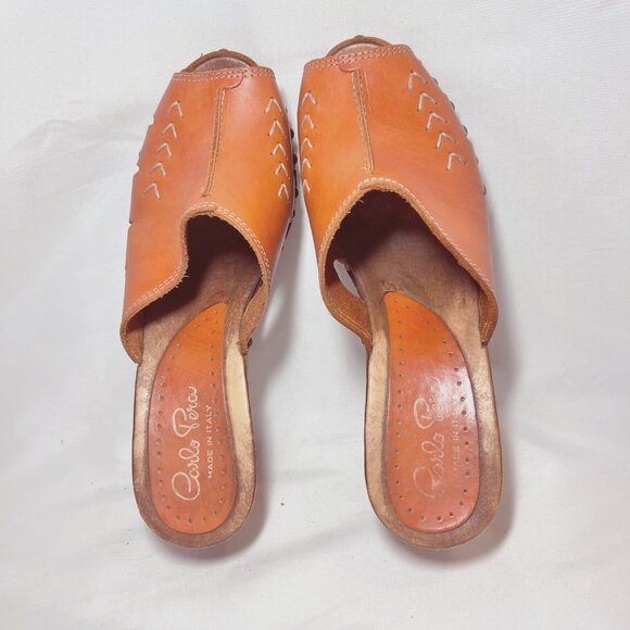 Carlo Pera-Made/Italy-Women's Slip on Clogs-Orange Leather-Sz 7-Studs-Wood-Open - Picture 9 of 16